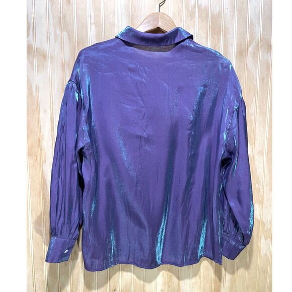 VTG button up shirt metallic purple festive holidays glam disco night out womenL - Picture 2 of 5